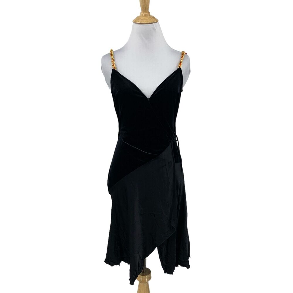 Vintage Bebe Dress Womens Small Black Velvet Gold Chain Strap Asymmetrical Wrap